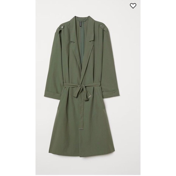 H&M Divided Women’s Dark Sage Green Belted Long Trench Size Small - Picture 2 of 15